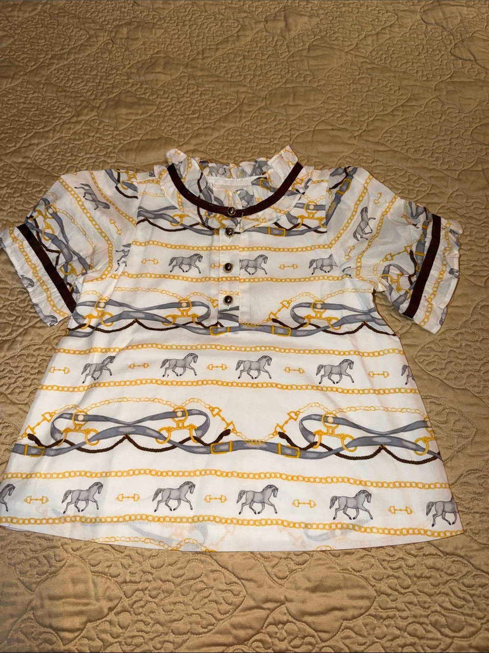 🆕 Janie and Jack White Top with Gold & Gray Equestrian Chain Print